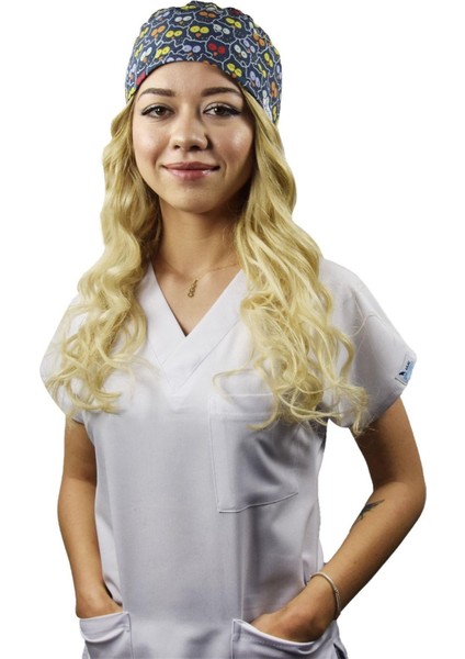 Nur Unisex Kedi Gözü Desenli Cerrahi Bone Doktor Hemşire Saç Bonesi
