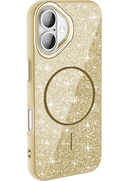 Apple iPhone 16 Plus Kılıf Magsafe Şarj Özellikli Parlayan Simli Zore Okso Kapak - Gold