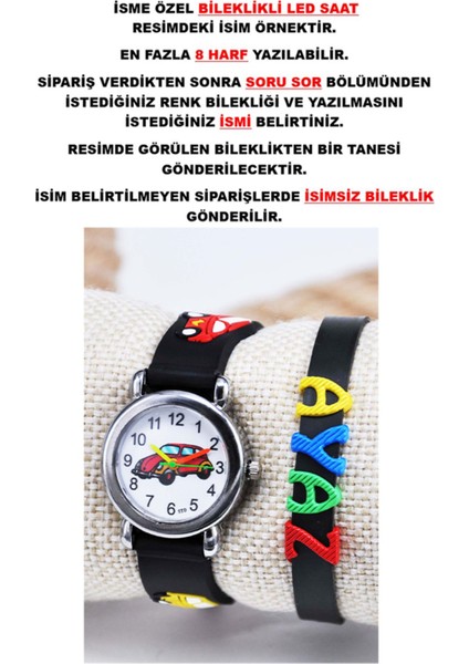 Araba Figürlü Siyah Silikon Kordon Isimli Bileklikli 3-8 Yaş Çocuk Kol Saati STA--1184