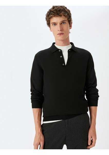 Triko Kazak Polo Yaka Basic Düğme Detaylı Yün Karışımlı