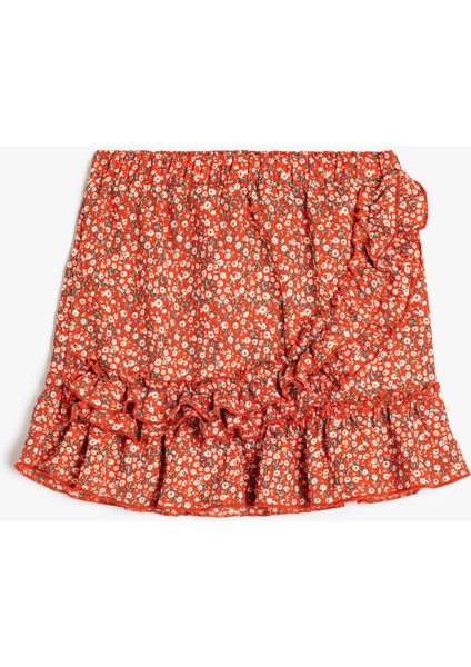 Fırfır Detaylı Beli Lastikli Kruvaze Mini Etek