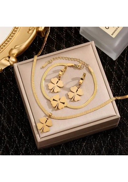 Gold Renk 316 L Çelik Yonca Model Takı Seti fırsatları