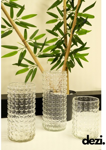3'lü Boncuk Silindir Cam Vazo, Mumluk Dekoratif Set, Ev Nişan Dekorasyonu (15-20-25 cm ) Çap 10 cm