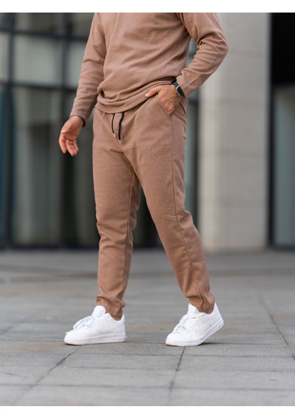 Erkek Pantolon , Waffle Kumaş Jogger Pantolon, Soğuk Havalara Uygun, Sıcak Havalara Uygun, Kahverengi Pantolonbaharlık, Pamuklu, Günlük Giyim, Rahat Kesim