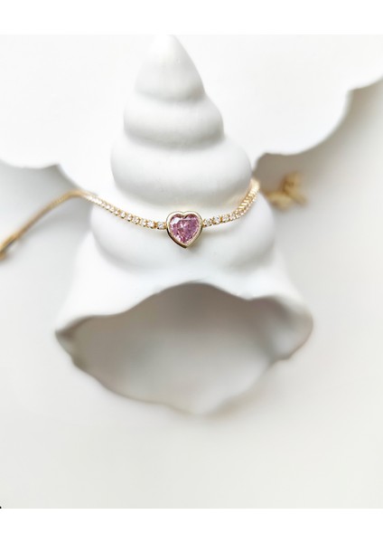 Pembe Minik Kalp Taşlı Su Yolu Tenis Bileklik modelleri