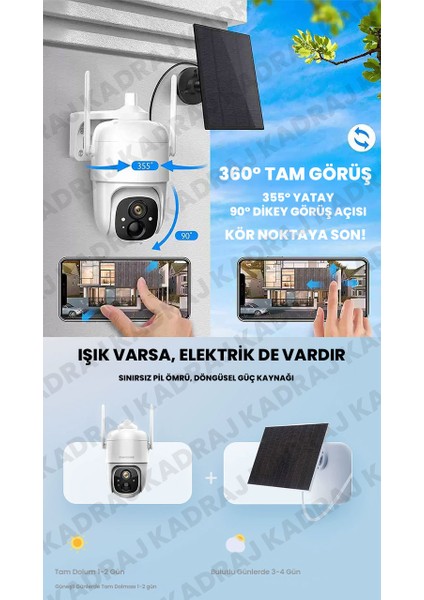 Wıfı | Solar Panelli Kablosuz Ptz Kamera | 2k | 360° Hareket | Gece Görüşü | Çift Yönlü Konuşma | Akıllı Alarm | IP66 Dış Mekan | 128GB Sd