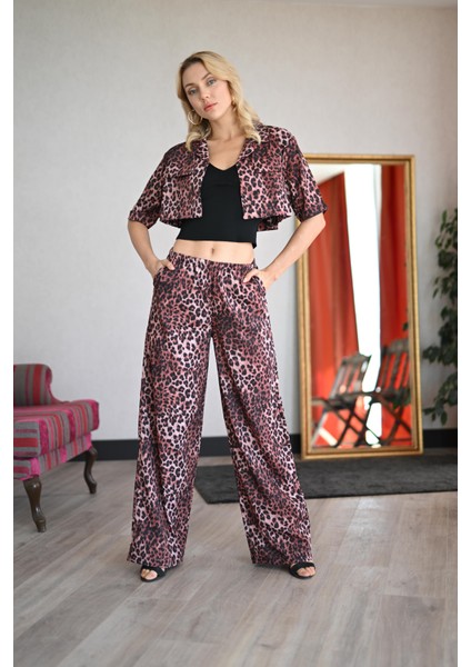 Leopar Desenli Gömlek-Pant Takım