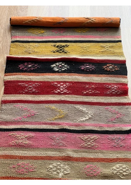 48X114 cm El Dokuma Renkli Kilim, Küçük Boy Çizgili Kilim, Vintage Bohem Stili Ev ve Ofis Kilimi