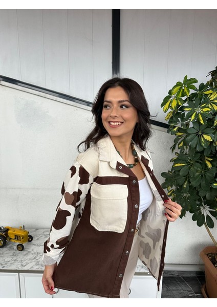 Kadın Oversize Fit Gabardin Zebra Desenli Uzun Kollu %100 Pamuk Gömlek,ceket , Desenli Çıtçıt Detaylı Cepli Şık Oduncu Gömlek