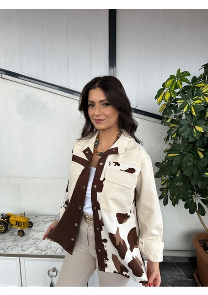 Kadın Oversize Fit Gabardin Zebra Desenli Uzun Kollu %100 Pamuk Gömlek,ceket , Desenli Çıtçıt Detaylı Cepli Şık Oduncu Gömlek