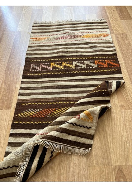 63 x 130 cm Kahverengi Vintage Kilim, El Dokuma Türk Yün Kilim, Harika Desenli Kilim, Bohem Tarzı Koridor Kilimi