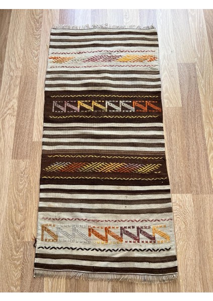 63 x 130 cm Kahverengi Vintage Kilim, El Dokuma Türk Yün Kilim, Harika Desenli Kilim, Bohem Tarzı Koridor Kilimi fiyatları