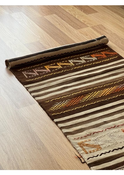 63 x 130 cm Kahverengi Vintage Kilim, El Dokuma Türk Yün Kilim, Harika Desenli Kilim, Bohem Tarzı Koridor Kilimi fırsatları