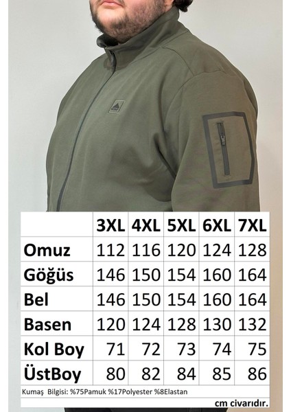 Özel Üretim Büyük Beden Ekstra Battal Pamuk Dokulu Erkek Eşofman Üstü 24723 Haki