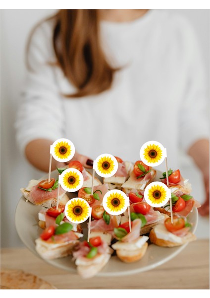 Ayçiçeği Baskılı Ikramlık, Sunumluk, Pasta ve Tatlı Üstü, Çay ve Kahve Yanı, Özel Gün, Davet, Etkinlik ve Organizasyonlar İçin Çiçek Desenli Bayrak Kürdan
