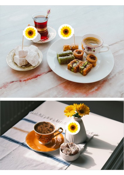 Ayçiçeği Baskılı Ikramlık, Sunumluk, Pasta ve Tatlı Üstü, Çay ve Kahve Yanı, Özel Gün, Davet, Etkinlik ve Organizasyonlar İçin Çiçek Desenli Bayrak Kürdan