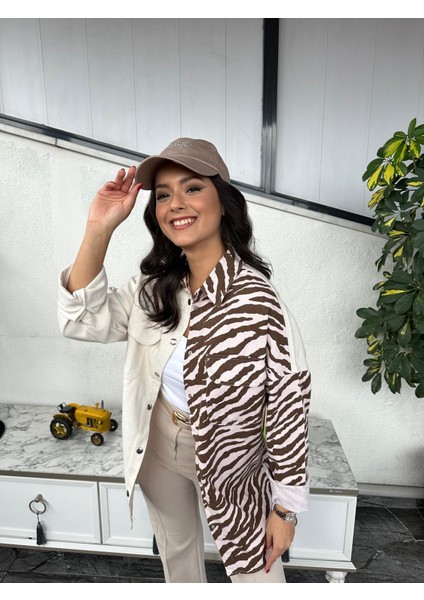 Kadın Oversize Fit Gabardin Zebra Desenli Uzun Kollu %100 Pamuk Gömlek,ceket