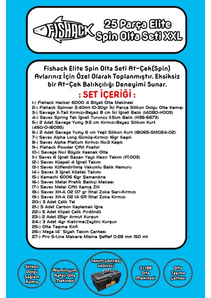 Fishack 42 Parça Elite Spin At-Çek Deniz ve Göl Olta Seti Xxl - 2.40MT / 10-30GR