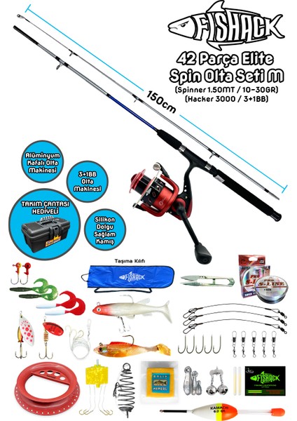 Fishack 42 Parça Elite Spin At-Çek Deniz ve Göl Olta Seti M - 1.50MT / 10-30GR