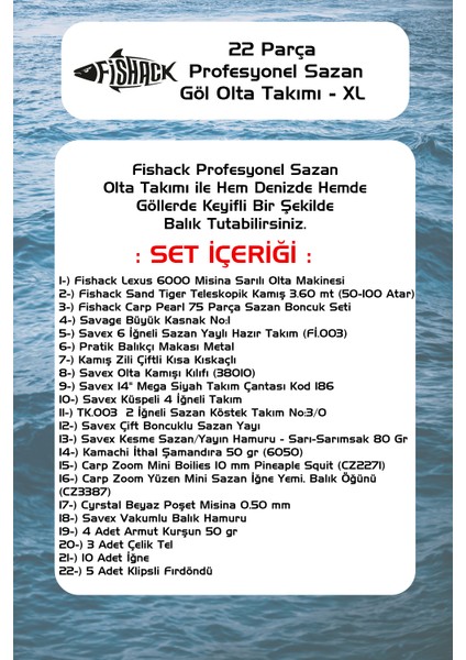 Fishack 22 Parça Sazan (Carp) Olta Seti Xl - 3.60MT / 50-100GR fiyatları