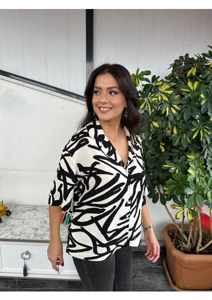 Kadın Regular Fit Desenli Pijama Yaka Kısa Kollu Gömlek,bluz