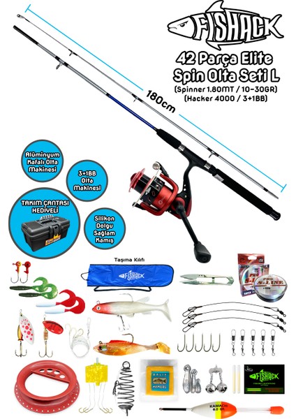 Fishack 42 Parça Elite Spin At-Çek Deniz ve Göl Olta Seti L - 1.80MT / 10-30GR