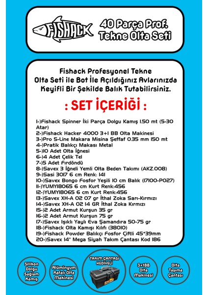 Fishack 40 Parça Profesyonel Tekne Olta Seti - 1.50MT/3+1BB fiyatları