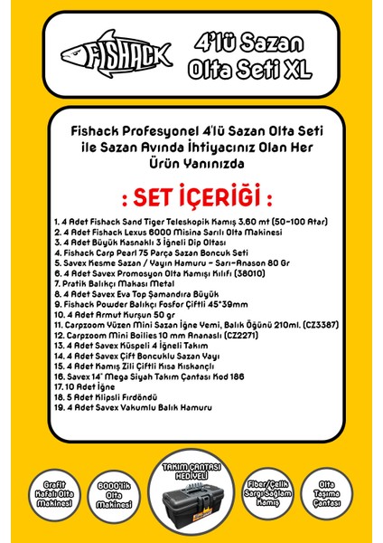 Fishack 4'lü Sazan Olta Seti Xl - 3.60MT/50-100GR fiyatları