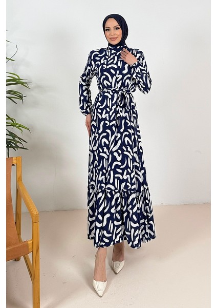 Virel Dokuma Viskon Elbise 1359 - Lacivert indirimleri