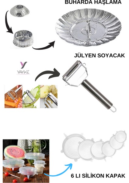 3'lü Set Buharda Haşlama,pişirme Aparatı+6'lı Silikon Kapak ve Jülyen Sebze Doğrayıcı fiyatları
