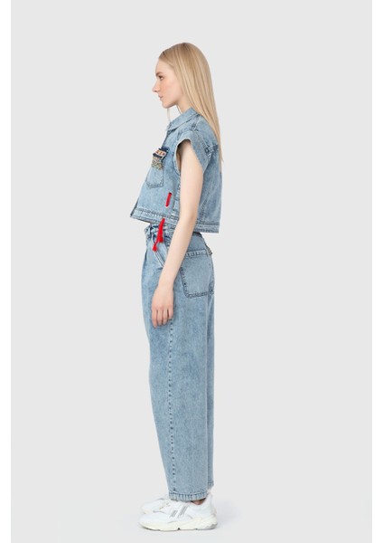 Boncuk ve Etnik Şerit Detaylı Denim Mavi Yelek fiyatları