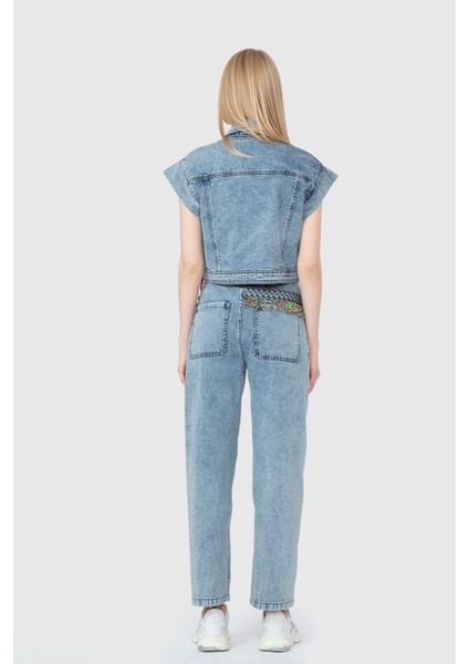 Boncuk ve Etnik Şerit Detaylı Denim Mavi Yelek modelleri