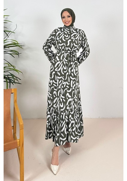 Virel Dokuma Viskon Elbise 1359 - Haki modelleri
