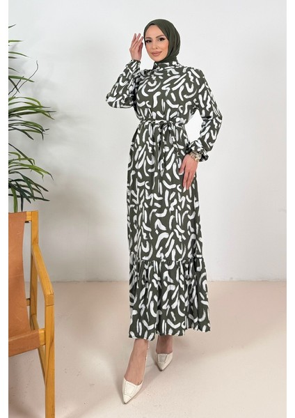Virel Dokuma Viskon Elbise 1359 - Haki indirimleri