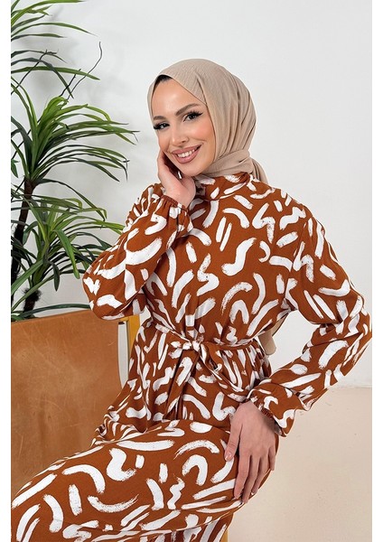 Virel Dokuma Viskon Elbise 1359 - Taba