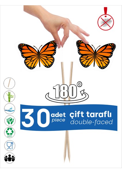 Kral Kelebek Baskılı Ikramlık, Sunumluk, Çay ve Kahve Yanı, Özel Gün, Davet ve Organizasyonlar Için Hayvan Figürlü Bayrak Kürdan