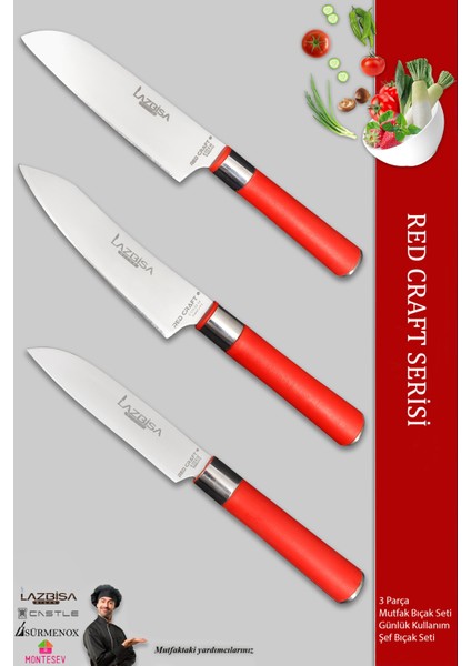 Red Mini Pro Mutfak Bıçak Seti Günlük Kullanım 3 Parça Et Ekmek Şef Sebze Meyve Soğan Börek Bıçağı