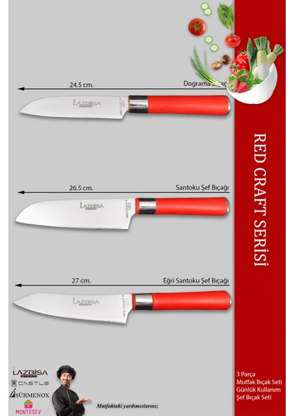 Red Mini Pro Mutfak Bıçak Seti Günlük Kullanım 3 Parça Et Ekmek Şef Sebze Meyve Soğan Börek Bıçağı