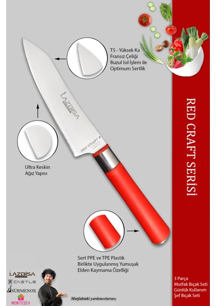 Red Mini Pro Mutfak Bıçak Seti Günlük Kullanım 3 Parça Et Ekmek Şef Sebze Meyve Soğan Börek Bıçağı