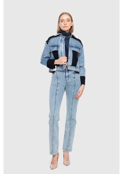 Balık Sırtı Yünlü Kumaş Garnili Crop Mavi Jean Ceket