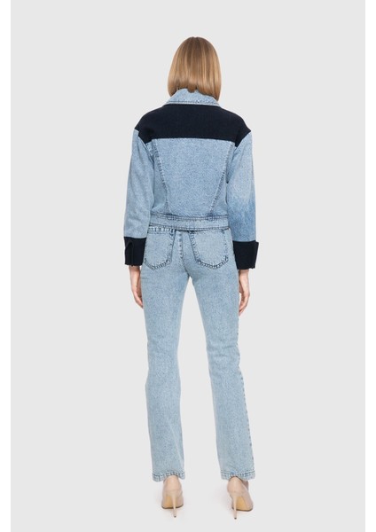 Balık Sırtı Yünlü Kumaş Garnili Crop Mavi Jean Ceket modelleri