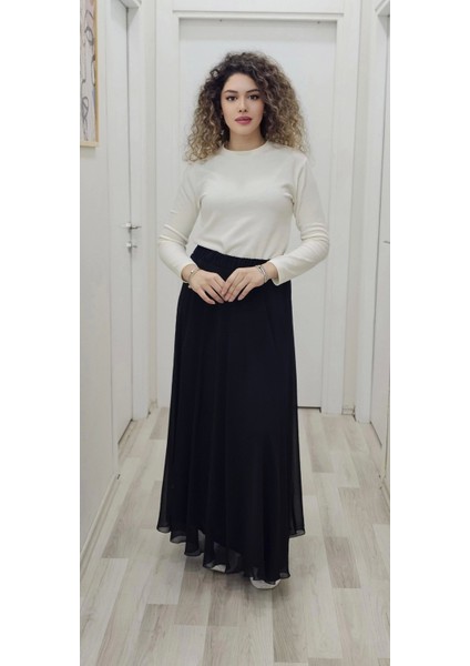 Bel Lastikli Kloş Şifon Etek 6003-SIYAH