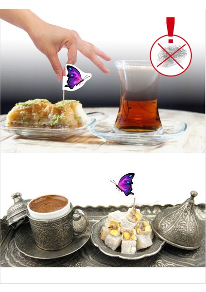Mor Kelebek Baskılı Ikramlık, Sunumluk, Çay ve Kahve Yanı, Özel Gün, Davet, Etkinlik ve Organizasyonlar Için Hayvan Figürlü Bayrak Kürdan modelleri
