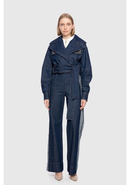 Kruvaze Kapama Fitil Dikişli Crop Mavi Jean Ceket