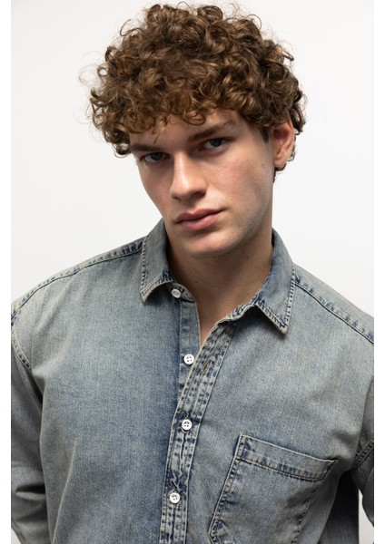 Tek Cepli Denım Gömlek - Mavi