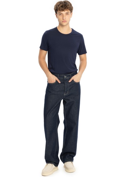 Regular Fit Erkek Jean Yüksek Bel Bol Kesim Denim 4 Cepli Lacivert fiyatları