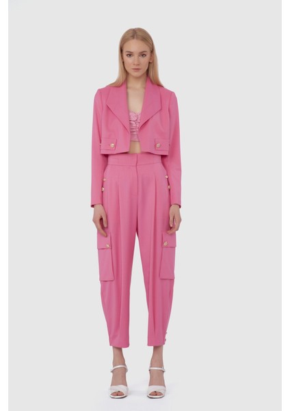 Metalik Düğmeli Crop Pembe Ceket