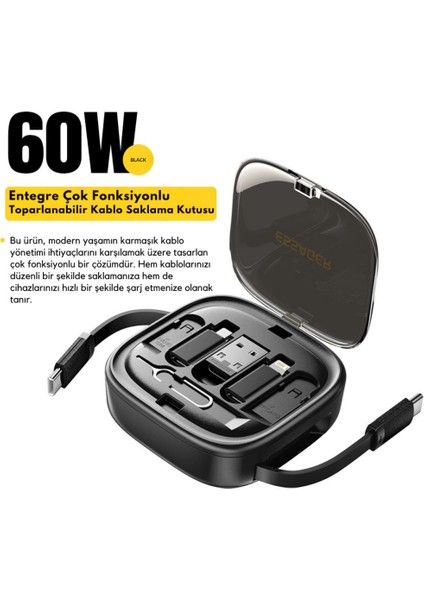 7in1 Makaralı 60W Type-C Şarj Kablosu ve Type-C To USB Lightning Dönüştürücü Seyahat Şarj Kablosu