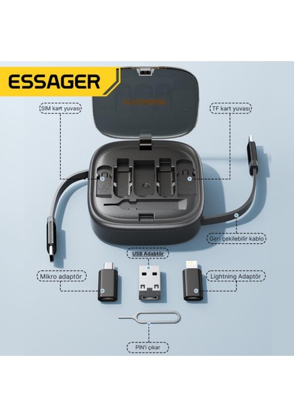 7in1 Makaralı 60W Type-C Şarj Kablosu ve Type-C To USB Lightning Dönüştürücü Seyahat Şarj Kablosu