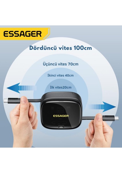 7in1 Makaralı 60W Type-C Şarj Kablosu ve Type-C To USB Lightning Dönüştürücü Seyahat Şarj Kablosu